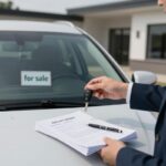 Osoba trzymająca kluczyki i dokumenty przy samochodzie wystawionym na sprzedaż