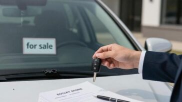 Osoba trzymająca kluczyki i dokumenty przy samochodzie wystawionym na sprzedaż