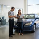 Pracownik skupu aut wycenia samochód klientki w salonie