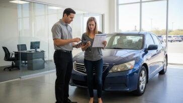 Pracownik skupu aut wycenia samochód klientki w salonie